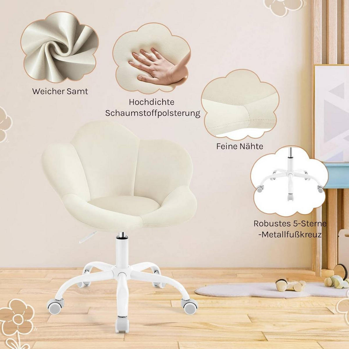 DREHSTUHL Kinder, blumenförmig, Samt, Beige - Beige/Weiß, Kunststoff/Textil (62/71/51cm) - Woltu