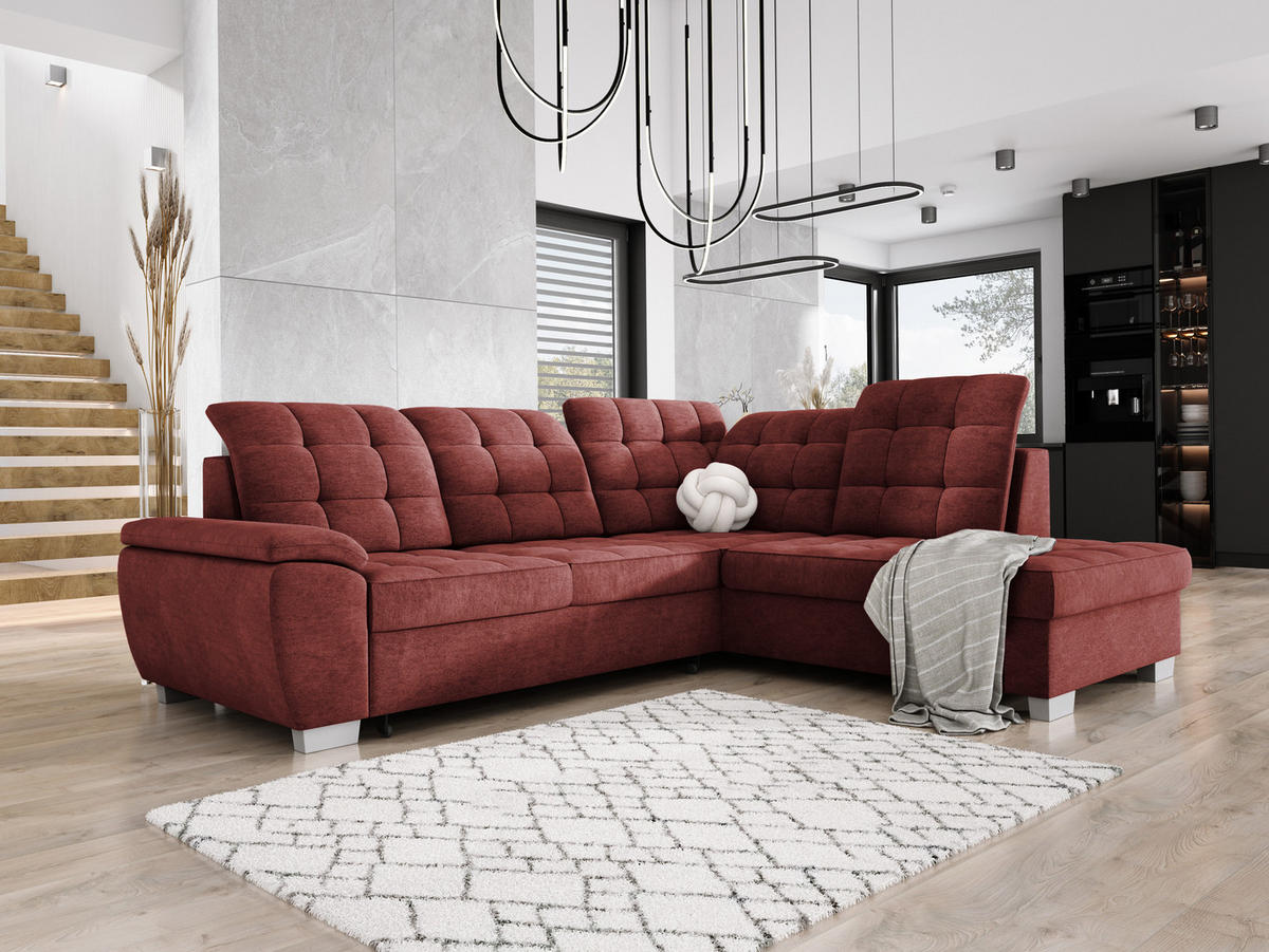 ECKSOFA LOTTA L-förmig Bettkasten verstellbare Kopfstützen hochwertige Verarbeitung lose Rückenkissen freistehend RECHTS 258x212x106 cm Bordeaux - Bordeaux, Holz/Textil (258/212cm) - DomoHome
