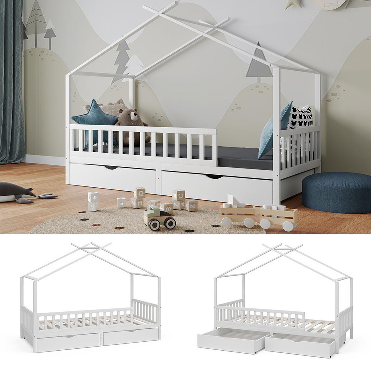 HAUSBETT "Franka", Weiß, 90x200 cm mit 2 Schubladen - Weiß, Holzwerkstoff (90/200cm) - VitaliSpa