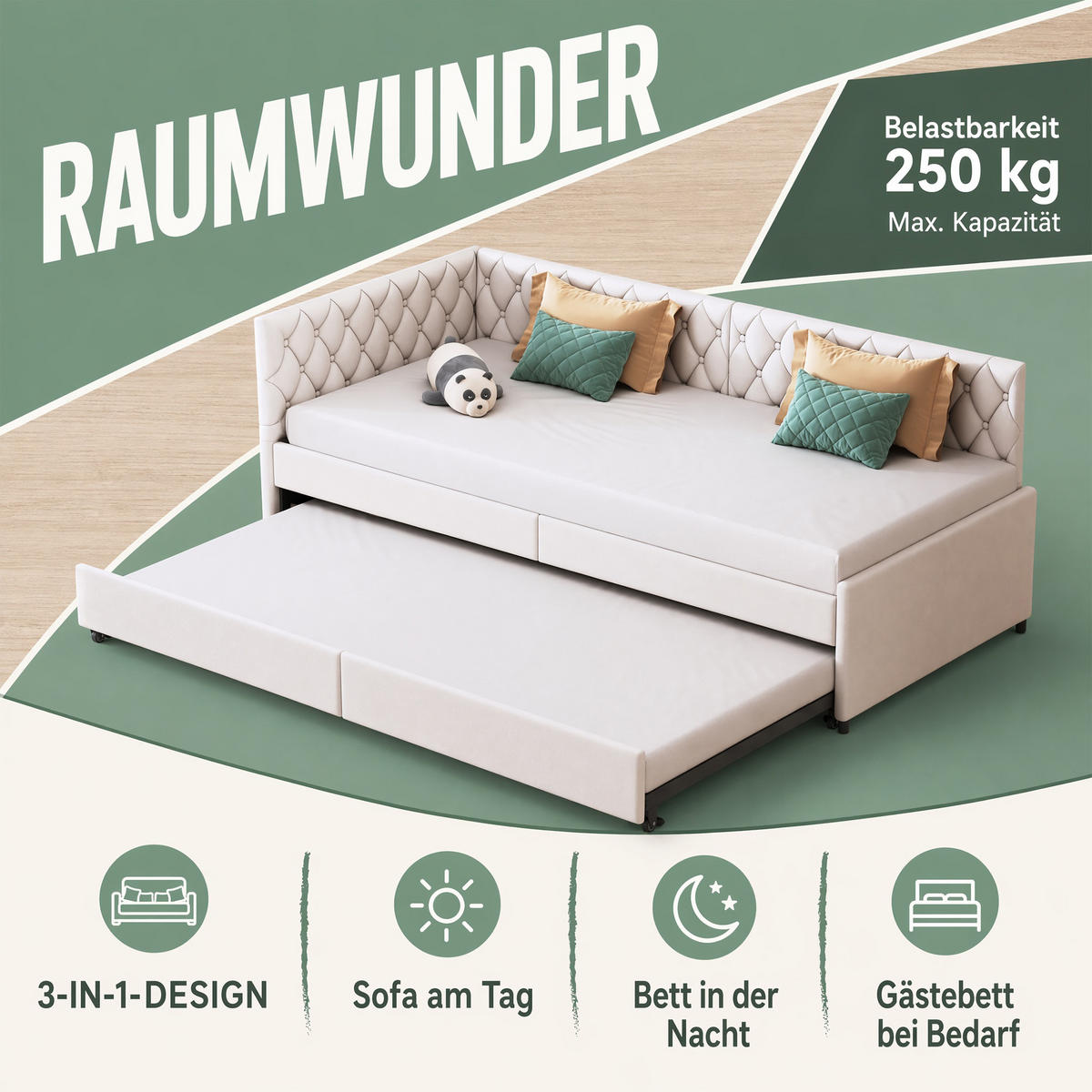 SCHLAFSOFA 2 sitzer, ausziehbar zum Bett 90/180x200, mit Lattenrost, Samt Beige, für das Wohnzimmer - Beige, Holz/Textil (96/70/205cm) - GENKI LIVING