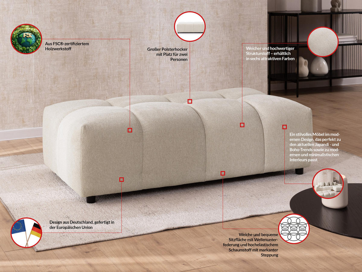 HOCKER Bubble mit Sitzfläche in Bubble-Optik aus weichem Hellbeige Strukturstoff mit schöner Sitzkomfort - Beige/Schwarz, Holz/Kunststoff (147/42/74cm) - S-Style Möbel