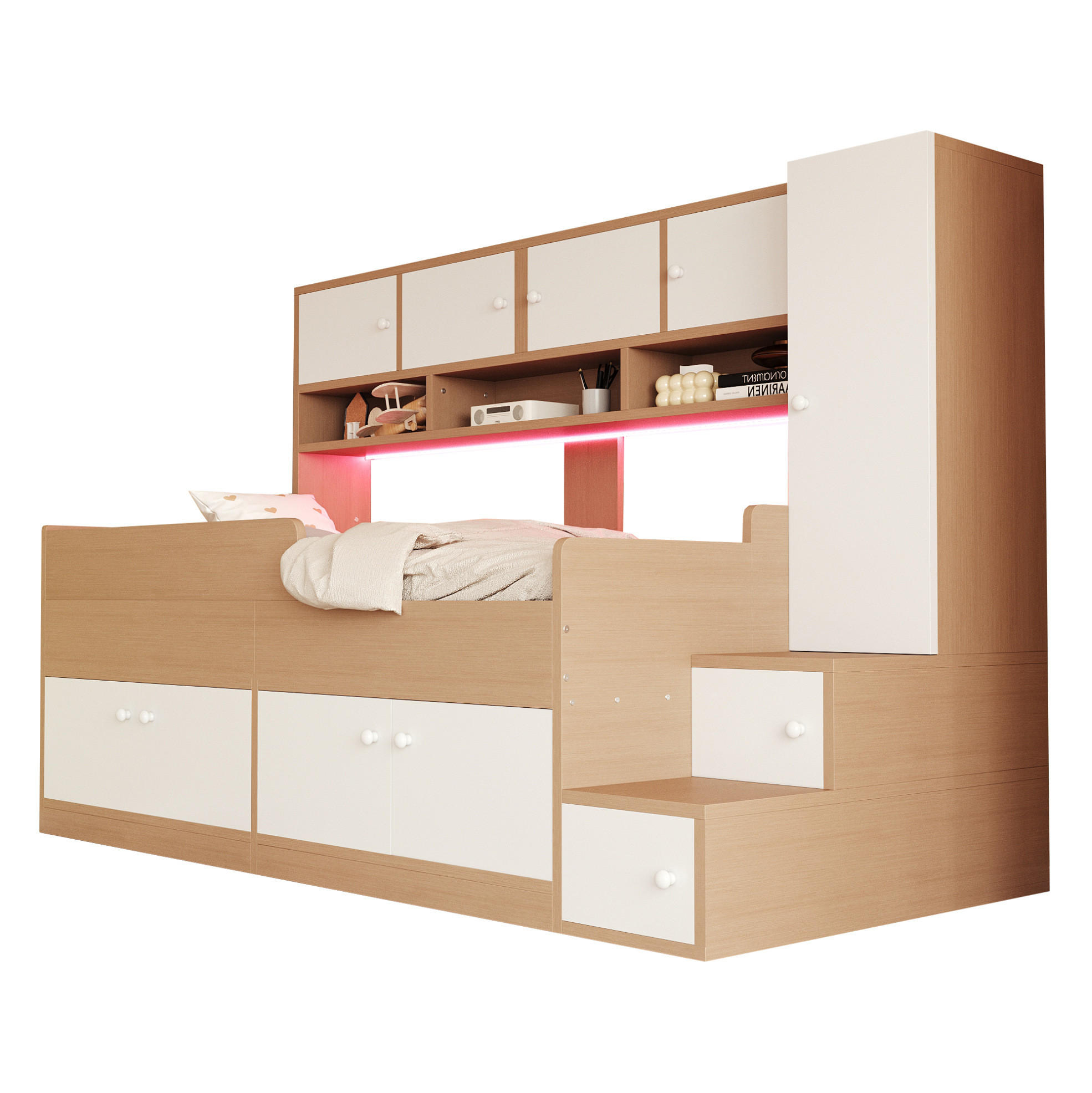 DĚTSKÁ postel 90/200 cm v barvě dřeva z MDF s úložným prostorem a LED osvětlením - barva dubu, kompozitní dřevo (90/200cm) - OKWISH