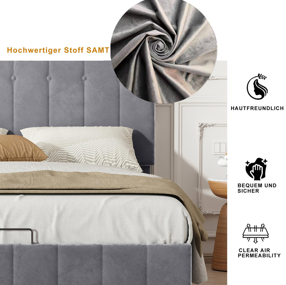 POLSTERBETT 140/200 cm Grau aus Samtstoff mit Bettkasten - Grau, Textil (140/200cm) - OKMYHOME