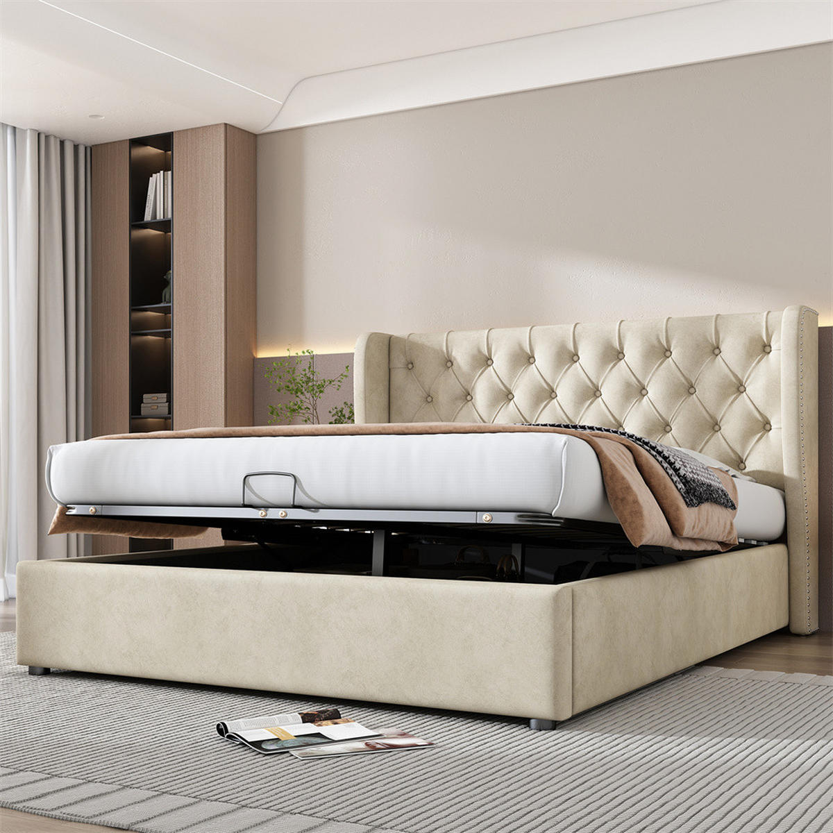 POLSTERBETT 140/200 cm in Beige Samt - Beige, Holz/Textil (140/200cm) - KOMHTOM