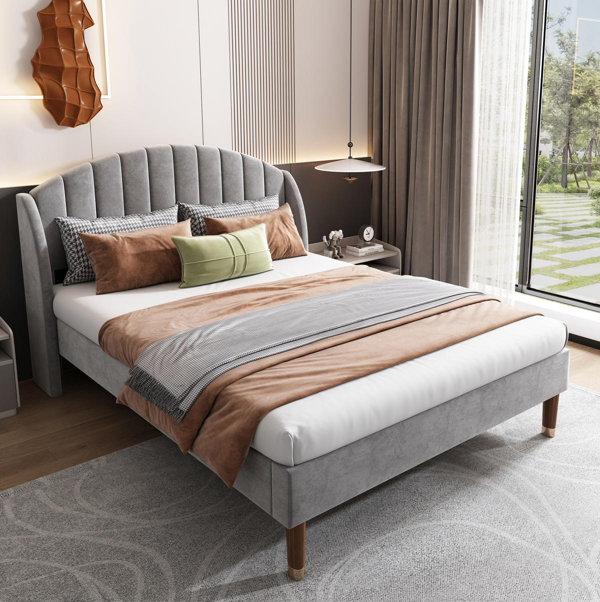 ČALÚNENÁ posteľ 160/200 cm sivá s lamelovým roštom a vysokým čelom zo zamatu - sivá, textil (160/200cm) - OKWISH
