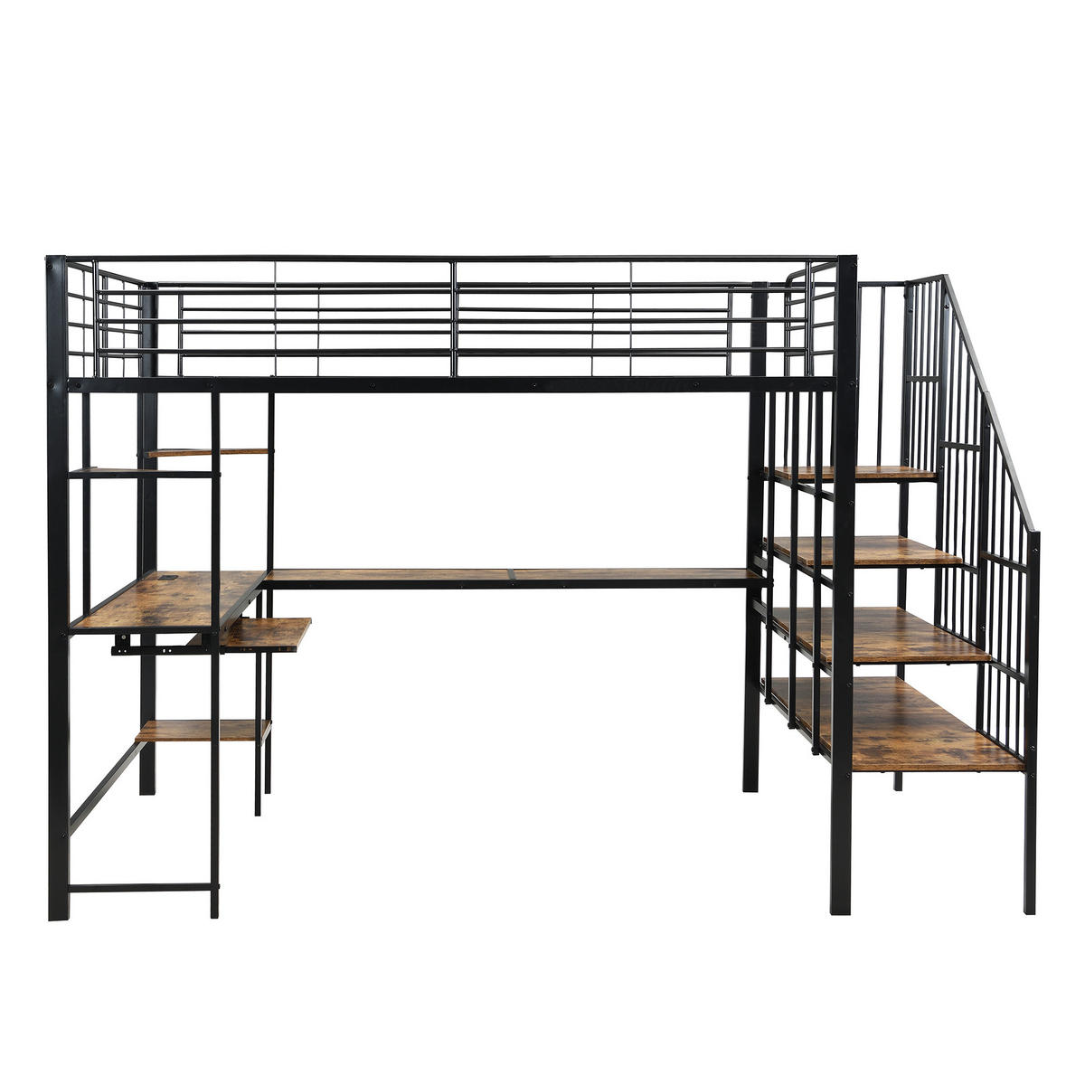 HOCHBETT 120/200 cm in Schwarz & Dunkelwalnuss mit Ladeanschluss, Ecktreppe und Schreibtisch - Schwarz, Holzwerkstoff/Metall (120/200cm) - CHICFURN