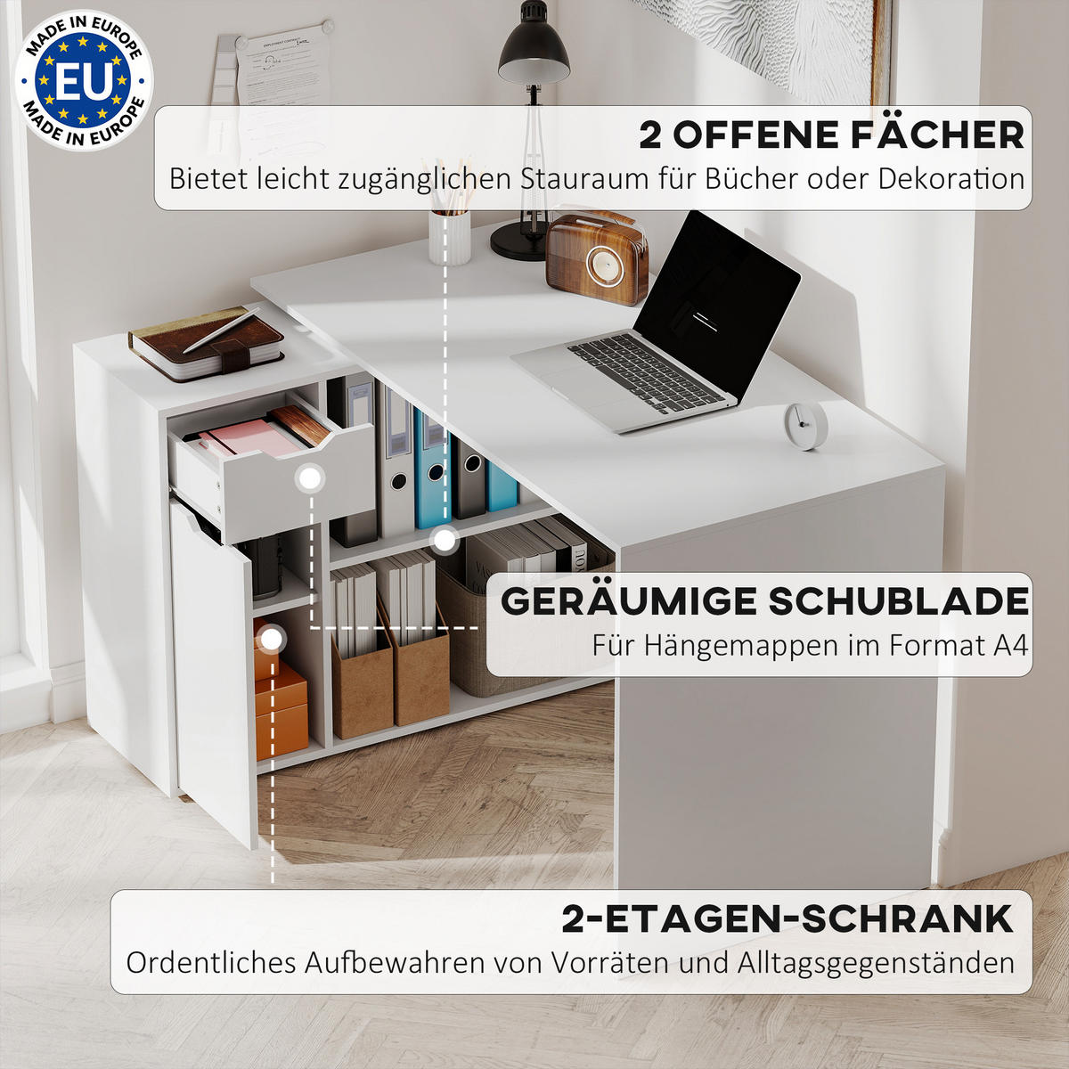 ECKSCHREIBTISCH L-Form Schreibtisch Computertisch mit Offenen Ablagen, Schublade - Weiß, Holzwerkstoff (120/96/75cm) - HOMCOM