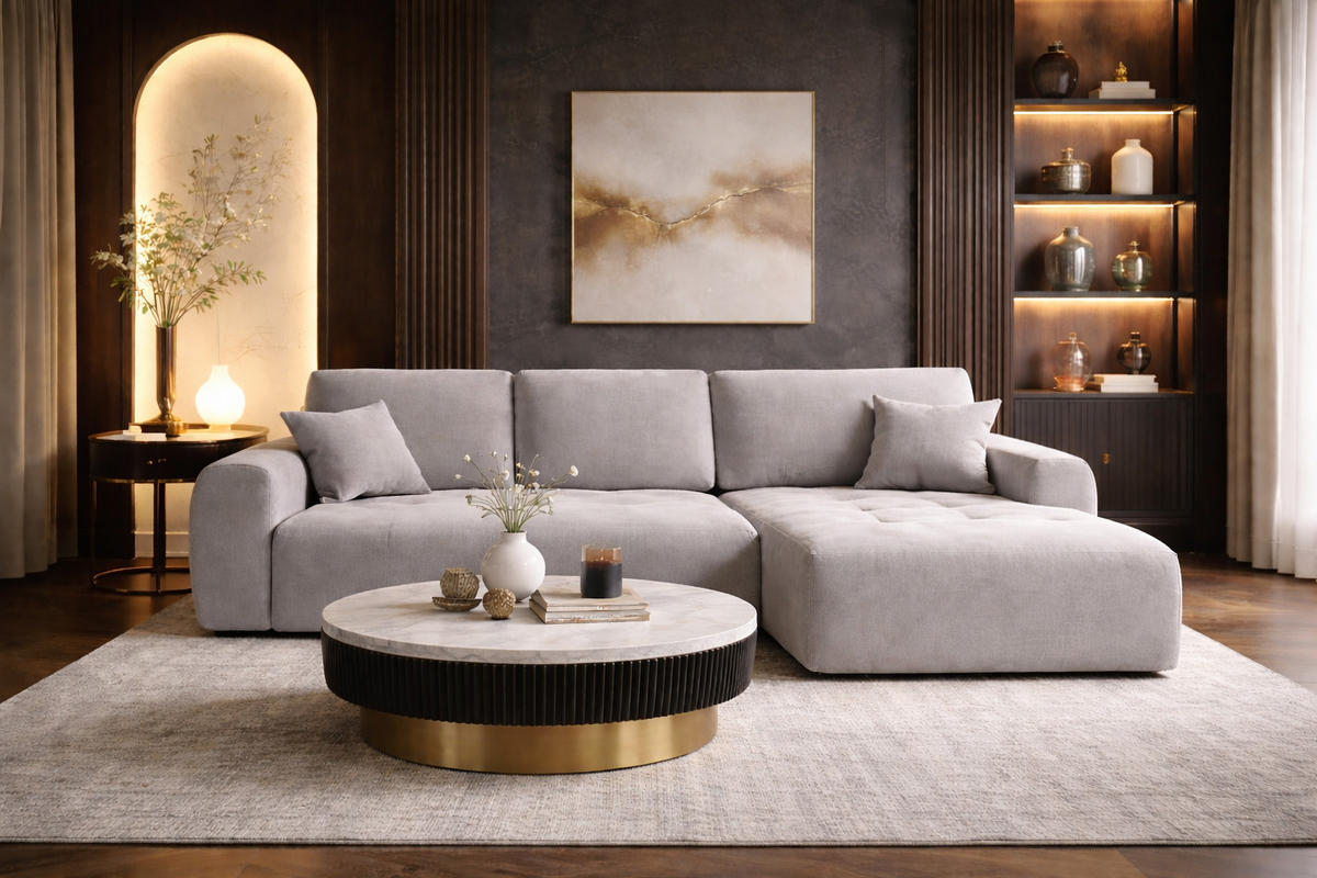 ECKSOFA Mit Schlaffunktion Und Bettkasten L-Form Ivo XL Veloursstoff Salvador, Grau, Rechts - Grau, Holz (280/142cm) - Kaiser Möbel