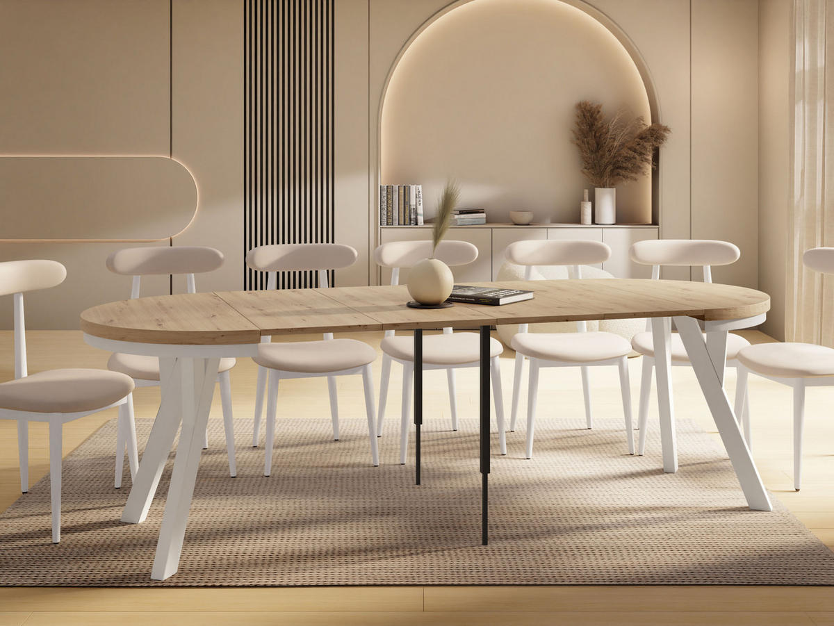 ESSTISCH Vero Neo Weiß rund ausziehbar verlängerbar, Eiche Artisan Hellbraun 100-300/100/77 cm - Weiß/Eiche Artisan, Holz/Holzwerkstoff (100/100/77cm) - WFL GROUP