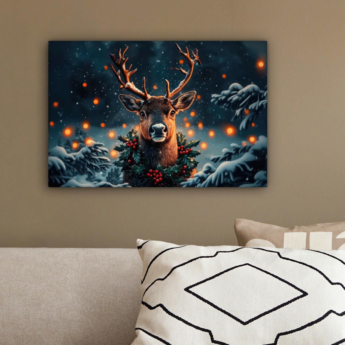 LEINWANDBILD Hirsch - Weihnachten - Winter - Schnee - Weihnachtskranz 30x20 cm - Dunkelbraun, Textil (30/20cm) - MuchoWow