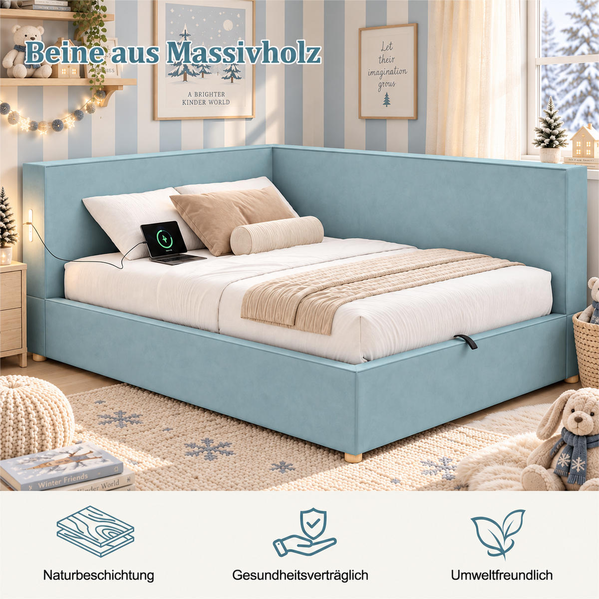 DAYBETT 140x200 cm, Blau, Samt, LED, USB/Typ-C - Blau, Textil (140/200cm) - FLIEKS