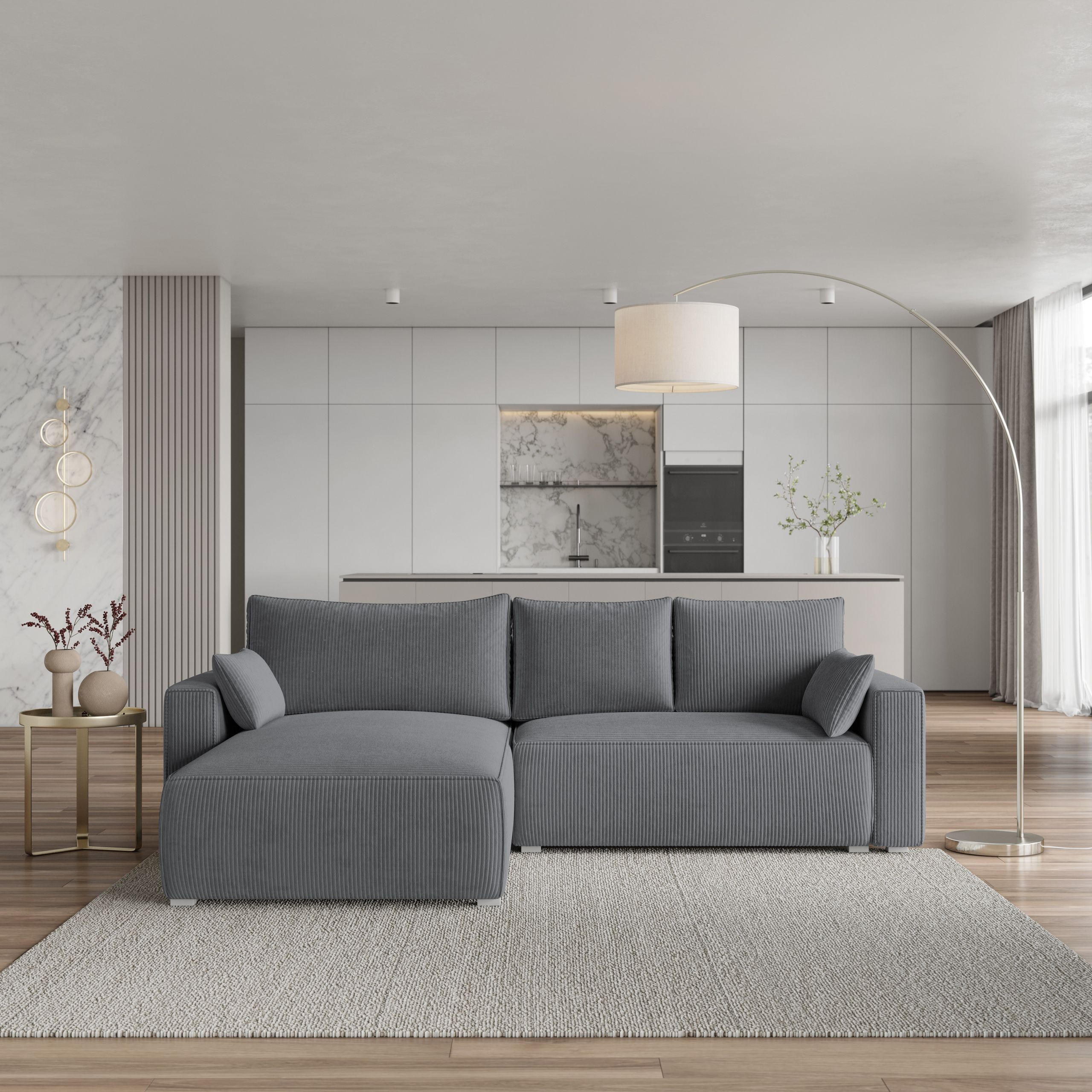 ECKSOFA FORIL P Grau Kordstoff mit Schlaffunktion - Grau, Holz (265/178cm) - MASSENO