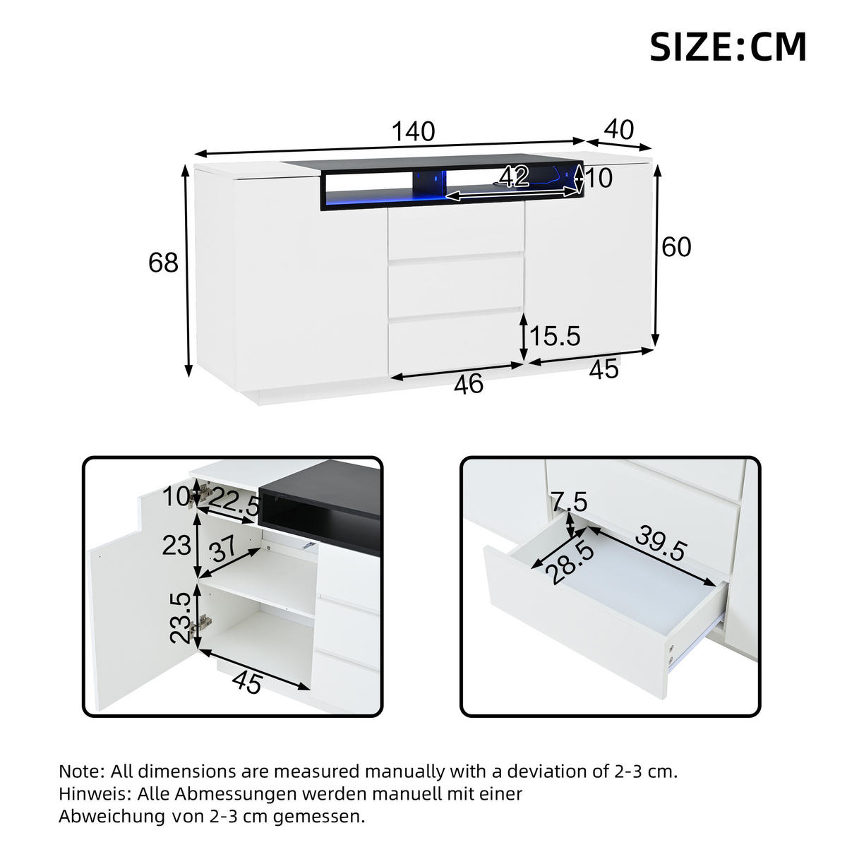 SIDEBOARD 140 cm 2 L-förmige Türen, 3 Schubladen, LED-Beleuchtung, Hochglanz Weiß & Schwarz - Weiß Hochglanz, Holzwerkstoff (140/48/60cm) - Urban Meuble