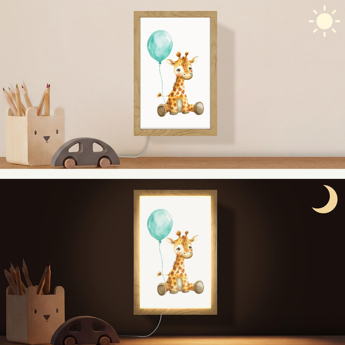 WANDLEUCHTE Giraffe - Baby - Tiere - Blauer Ballon 20x30 cm - Weiß, Holzwerkstoff (20/30/8cm) - OnlyWow