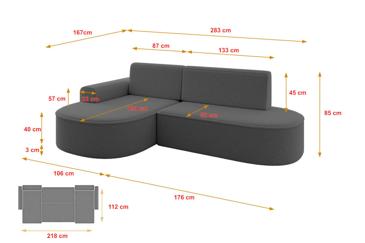 ECKSOFA mit Schlaffunktion und Bettkasten Ottomane Rechts MARI-L1-S - 283x167x85 cm Hellgrau Bouclé - Hellgrau/Schwarz, Holzwerkstoff/Kunststoff (167/283cm) - ALTDECOR