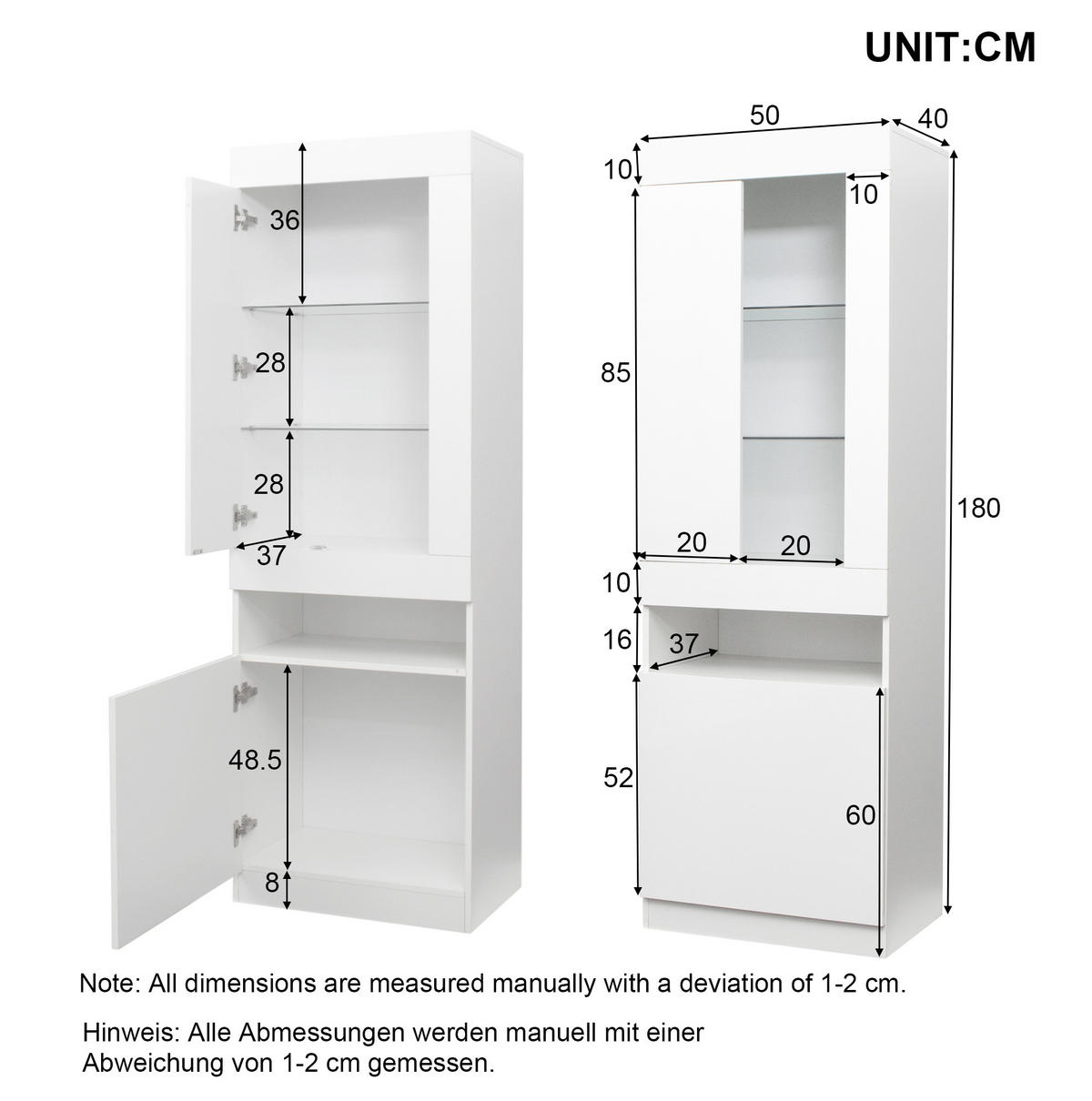 VITRINE 50/40/180 cm in Weiß mit LED-Beleuchtung und Hochglanzfront - Weiß, Holzwerkstoff (40/180/50cm) - Flora Grace