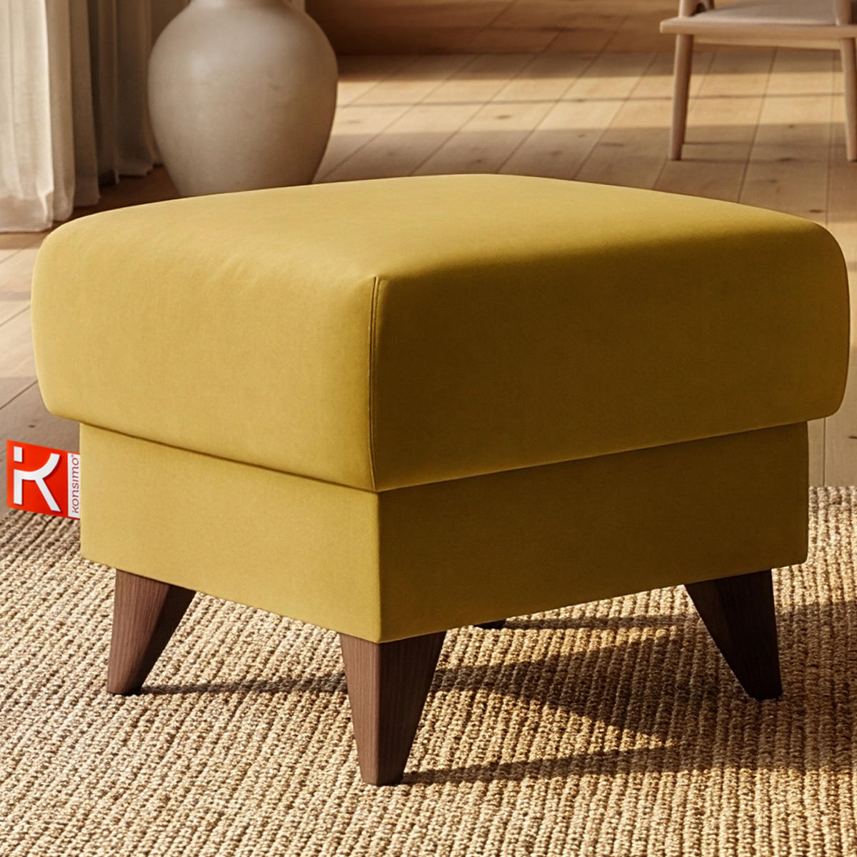 HOCKER GUSTAVO Fußstütze, Velours, Gelb - Gelb, Holz/Holzwerkstoff (53/49/53cm) - KONSIMO®