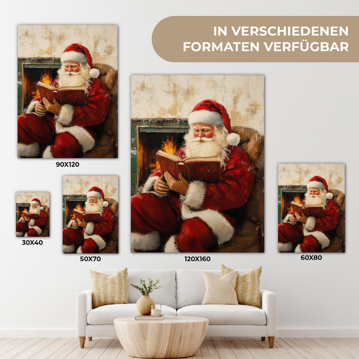 LEINWANDBILD Weihnachten - Weihnachtsmann - Winter - Open Fireside 60x80 cm - Dunkelrot, Textil (60/80cm) - MuchoWow