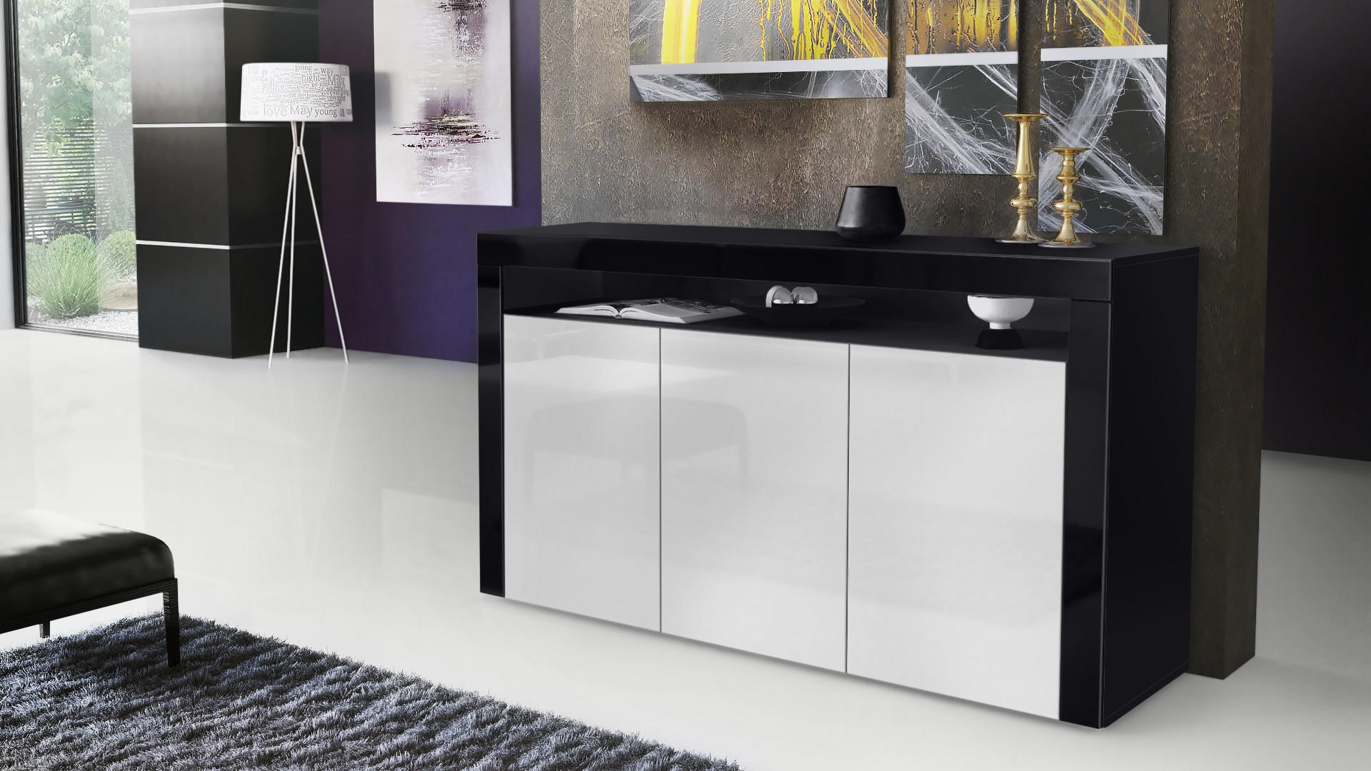 SIDEBOARD Valencia Weiß Hochglanz / Schwarz Hochglanz - Weiß Hochglanz, Holzwerkstoff (155/92/40cm) - Vladon