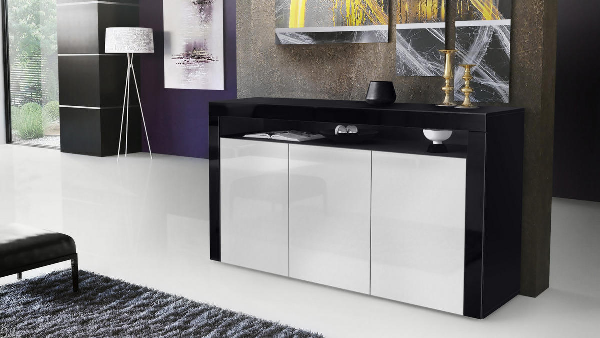 SIDEBOARD Valencia Weiß Hochglanz / Schwarz Hochglanz - Weiß Hochglanz, Holzwerkstoff (155/92/40cm) - Vladon