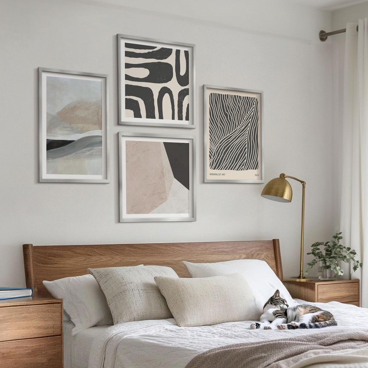 BILDER SET 4er Set - 50x50 cm & 40x60 cm Silberner Rahmen - Abstrakte Boho-Dekorationsmuster - Silberfarben, Kunststoff (50/50cm) - TULUP