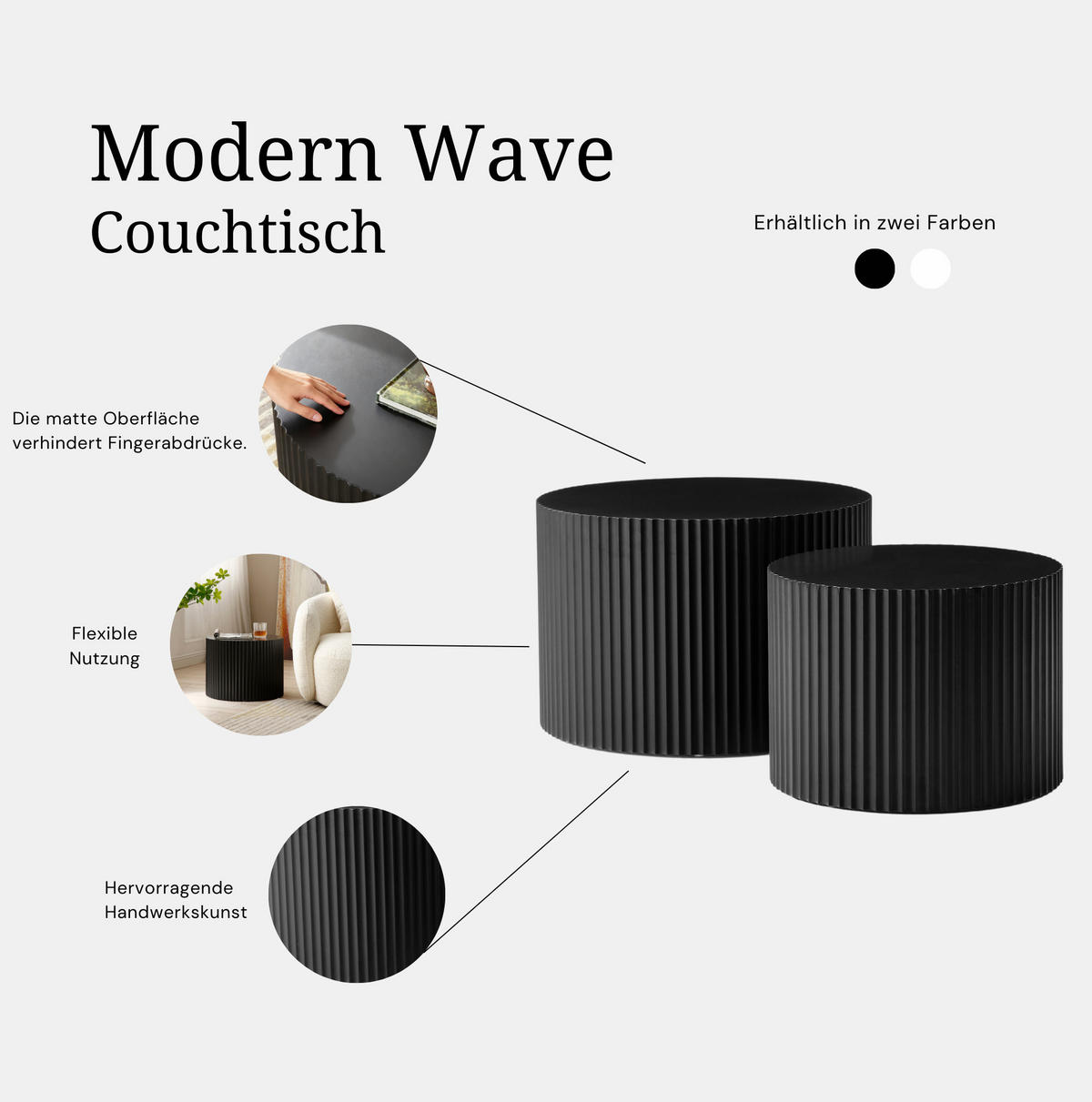 COUCHTISCH aus MDF in Schwarz 60x60x40 cm mit Nesting-Design - Schwarz, Holzwerkstoff (60/60/40cm) - Modfu