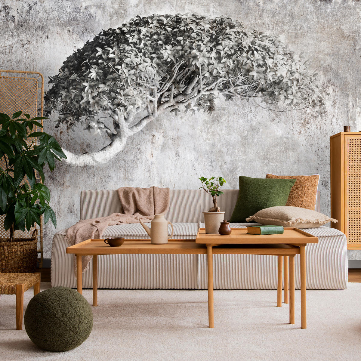 FOTOTAPETE Abstrakter Baum Beton 3D Effekt 300x210 - Beige/Schwarz, Papier (300/210cm) - Muralo