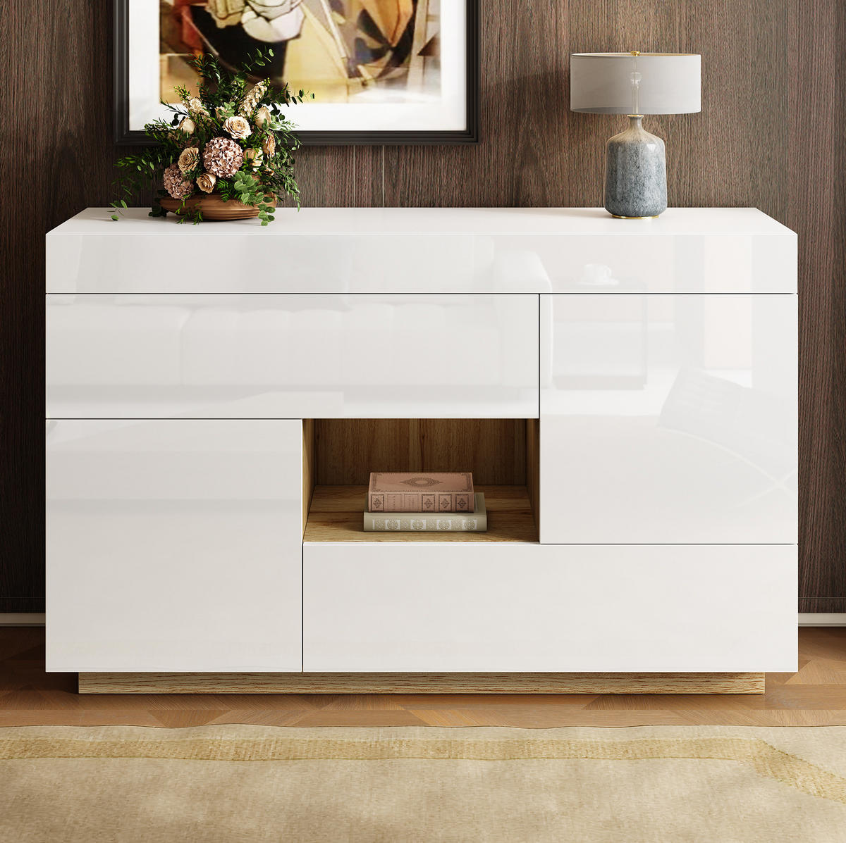 SIDEBOARD 120/76,5/37 cm in Weiß mit LED-Beleuchtung und 2 Schubladen - Weiß, Holzwerkstoff (120/37/76.5cm) - Flora Grace