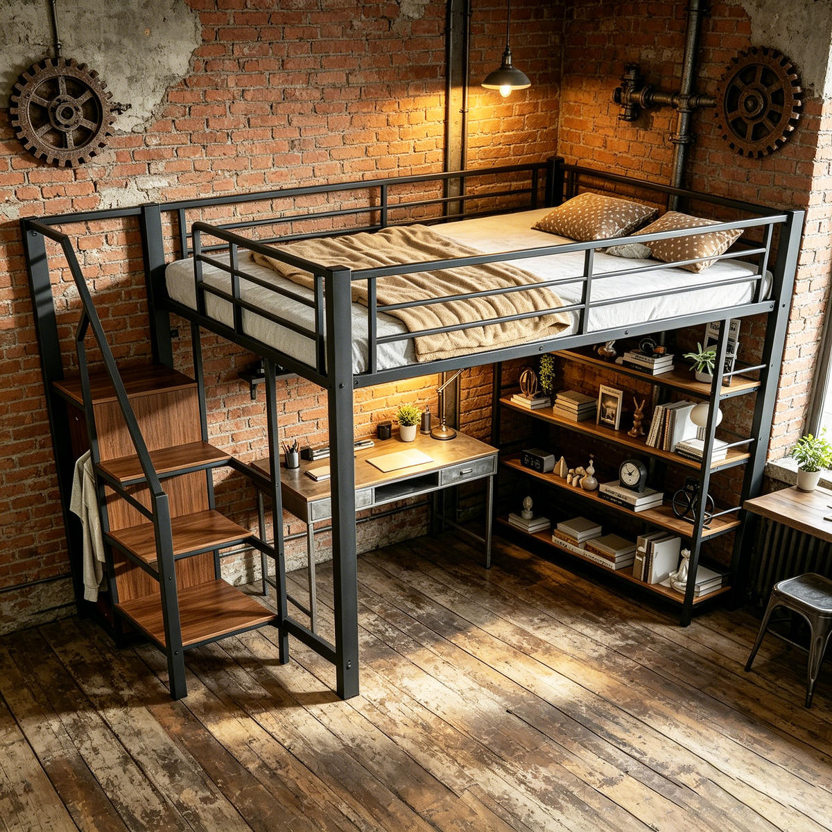 HOCHBETT mit Stauraumtreppe 140x200 cm Metall Schwarz - Schwarz, Metall (140/200cm) - Meubliv