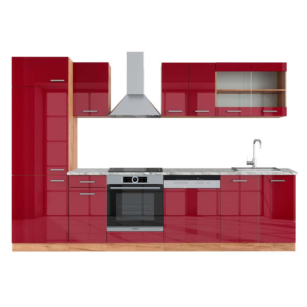 KÜCHENZEILE R-Line Rot Hochglanz/Goldkraft Eiche 300 cm , AP Marmor - Honigeiche/Rot, Holzwerkstoff (300/81.6/60cm) - Vicco