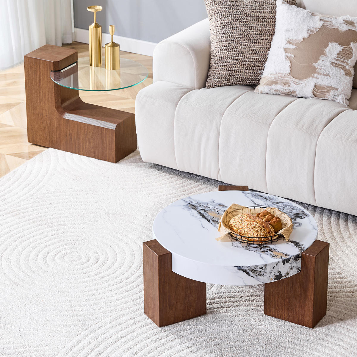 COUCHTISCH in Naturfarbe und Weiß 2er-Set Couchtisch-Kombination für Wohnzimmer, B44/T62/H44 cm, Ø61/H30 cm - Walnussfarben/Weiß, Glas/Holzwerkstoff (61/61/30cm) - STILVORA