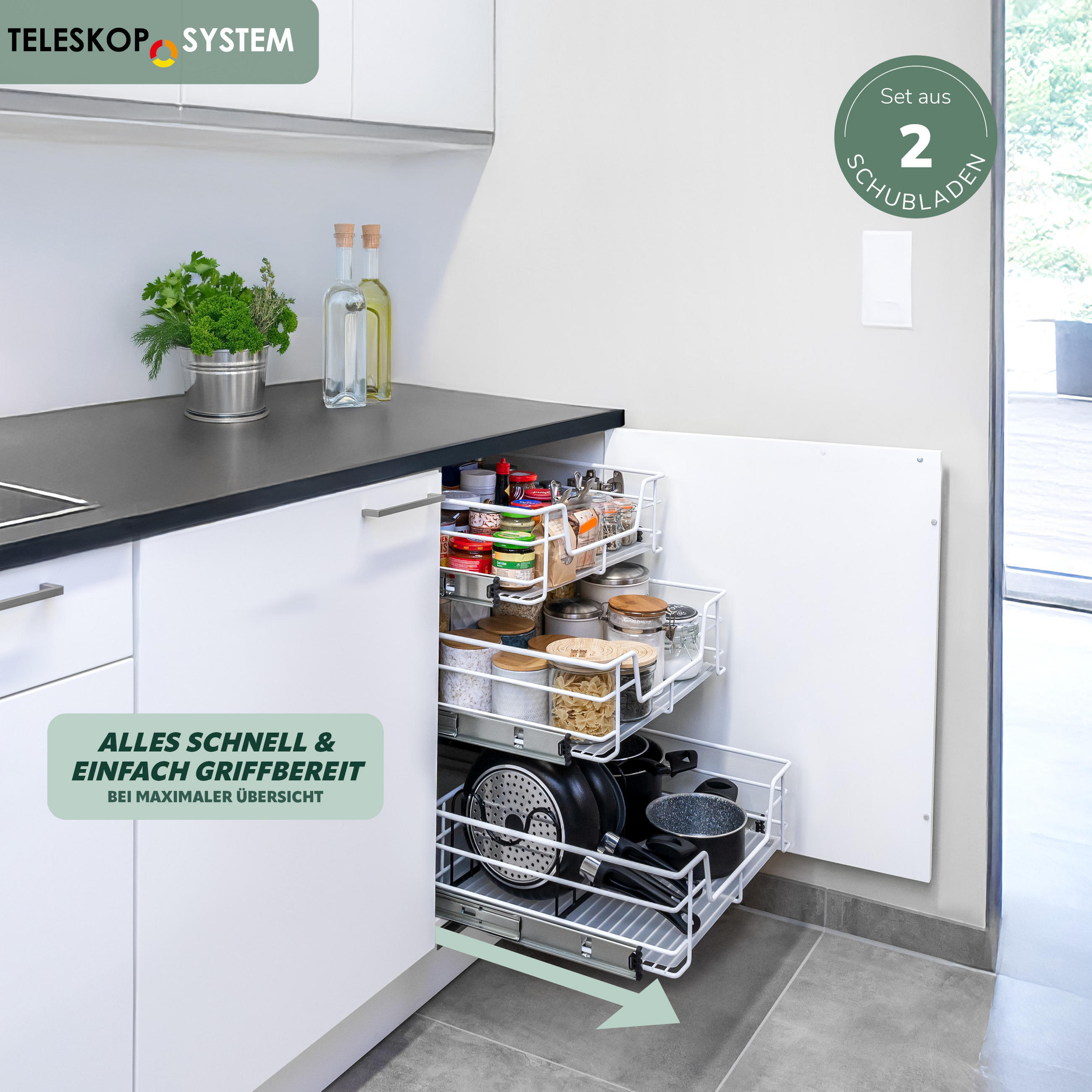 TELESKOPSCHUBLADEN (2er Set), für 60 cm Schrank, Metall, Weiß - Chromfarben, Metall (57/14/44cm) - bremermann