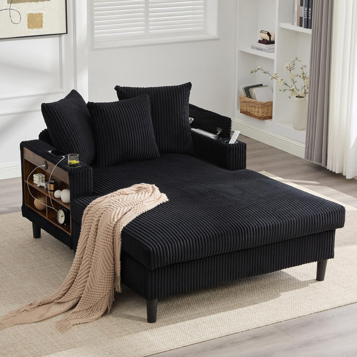 RELAXLIEGE XXL Polsterliege,Relaxsessel,Cord,Schwarz - Schwarz, Textil (129/70/170cm) - LVHOM