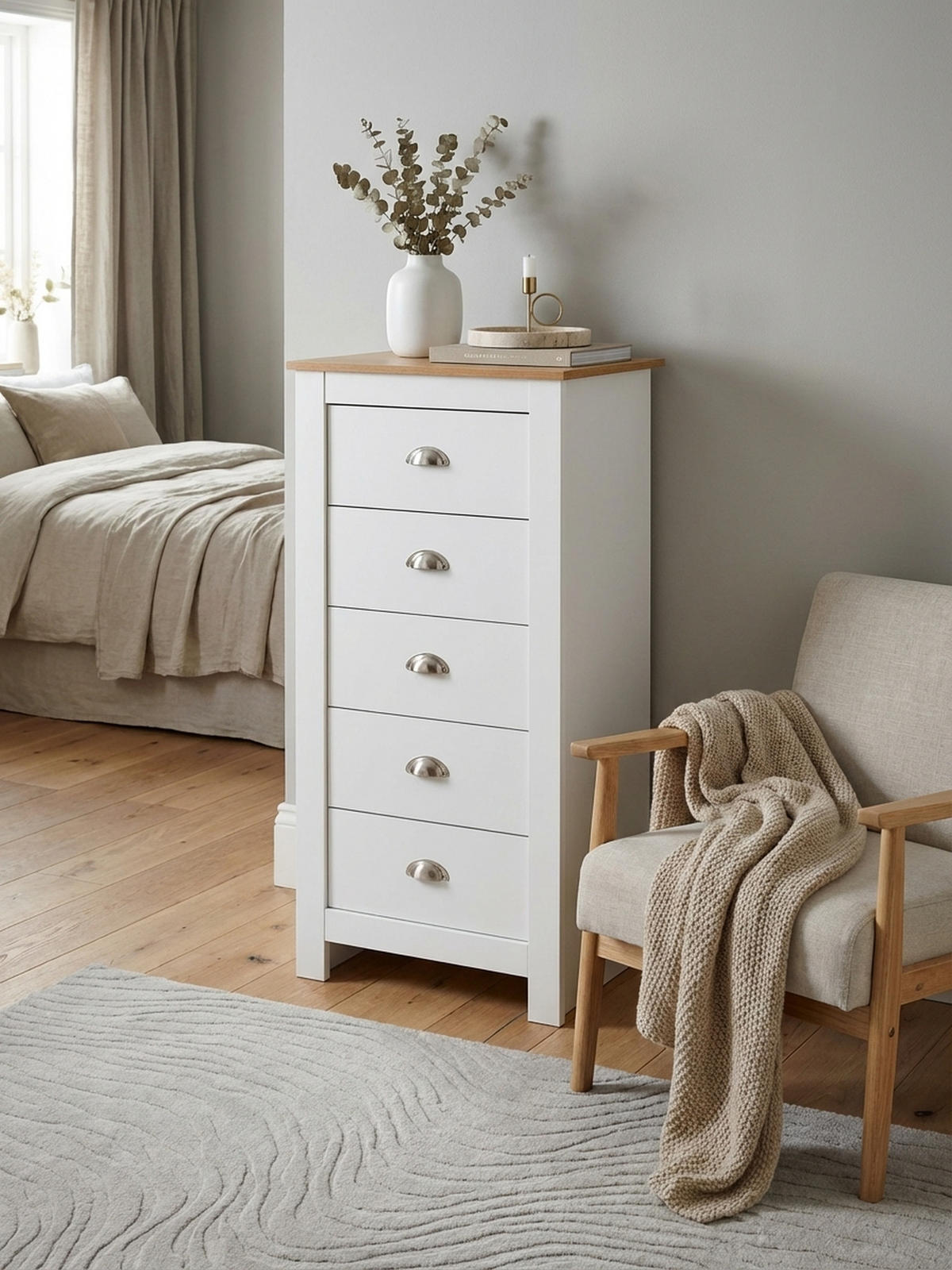 KOMMODE – Eiche/Weiß, 5 Schubladen, melaminbeschichtet - Weiß, Holz/Metall (53/114/39cm) - KADIMA DESIGN