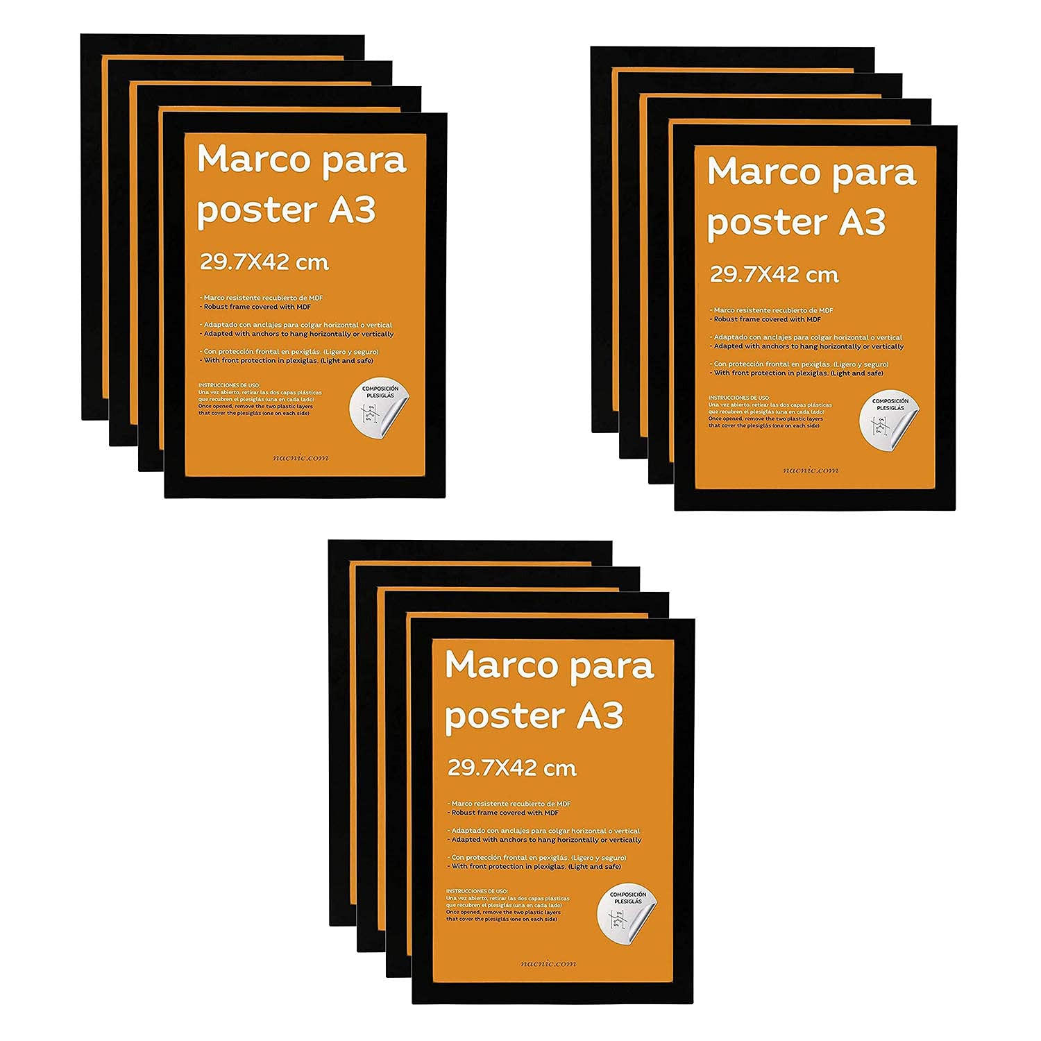 RAHMEN Set mit 12 aus MDF und Acrylglas Schutz und Aussteller für Fotografien, Bilder, Poster, Gemälde, Dekoration für Haus Farbe Schwarz A3 - Schwarz, Holz (29.7/3/42cm) - Nacnic