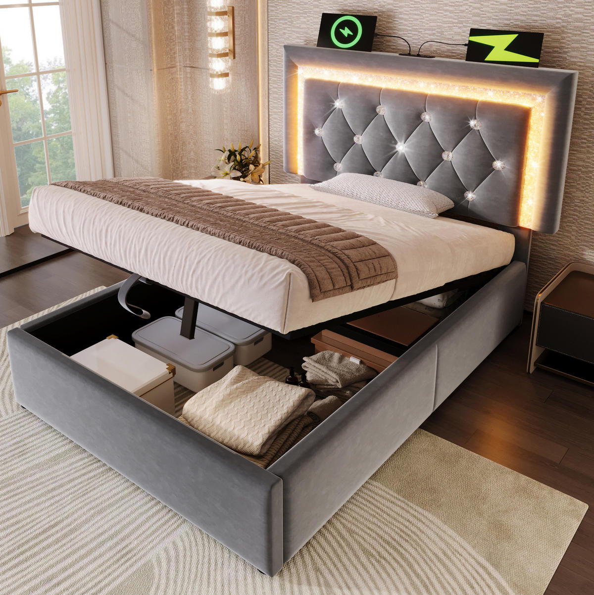 POLSTERBETT mit LED und Bettkasten 90x200 cm Samt Grau inkl. Matratze - Grau, Metall (90/200cm) - Meubliv