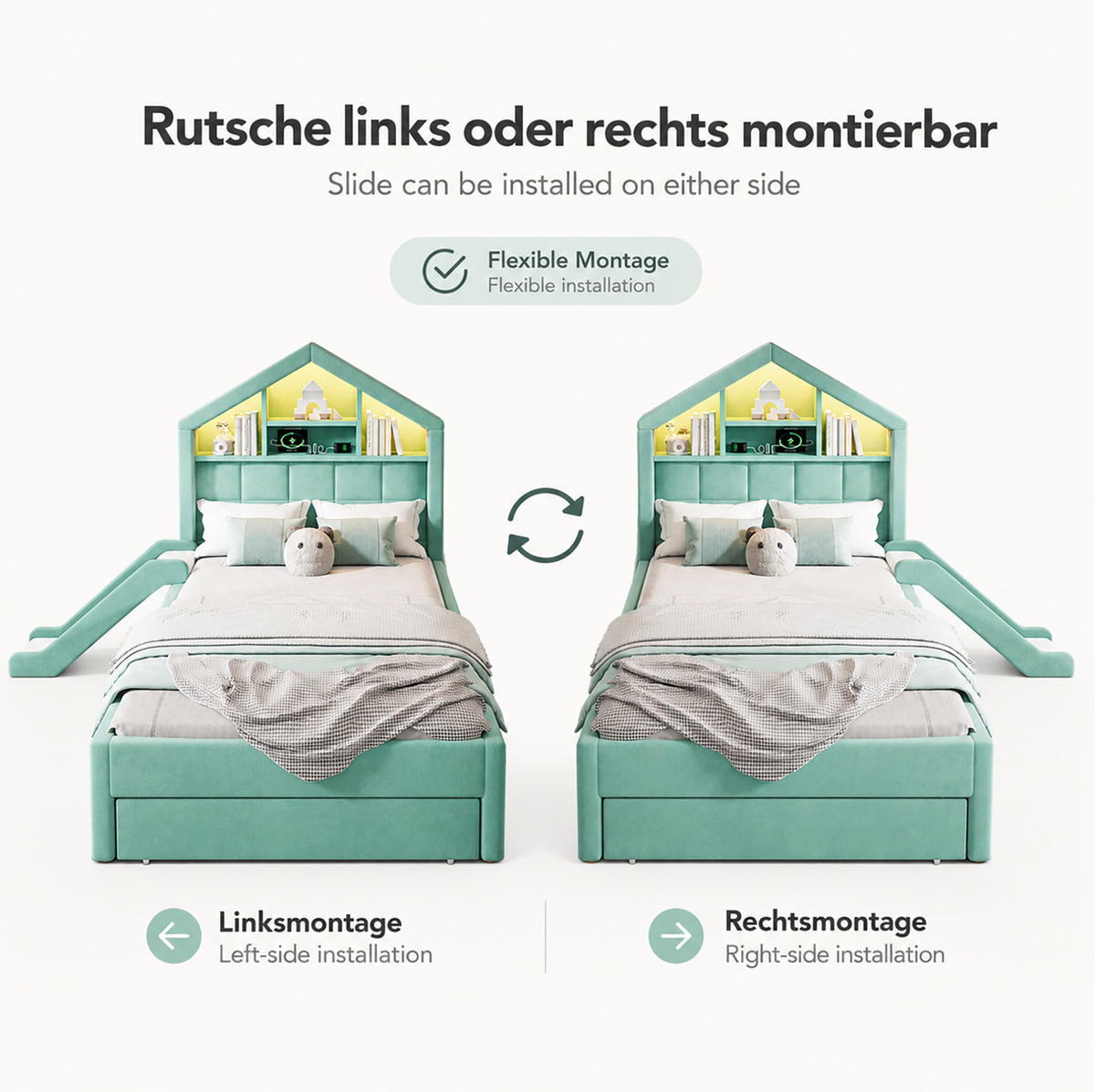 KINDERBETT-POLSTERBETT aus Samt 90x200 cm Blaugrün mit Rutsche links/rechts, LED-Beleuchtung, Ladeanschluss und Bettkasten - Blau, Textil (90/200cm) - Modfu