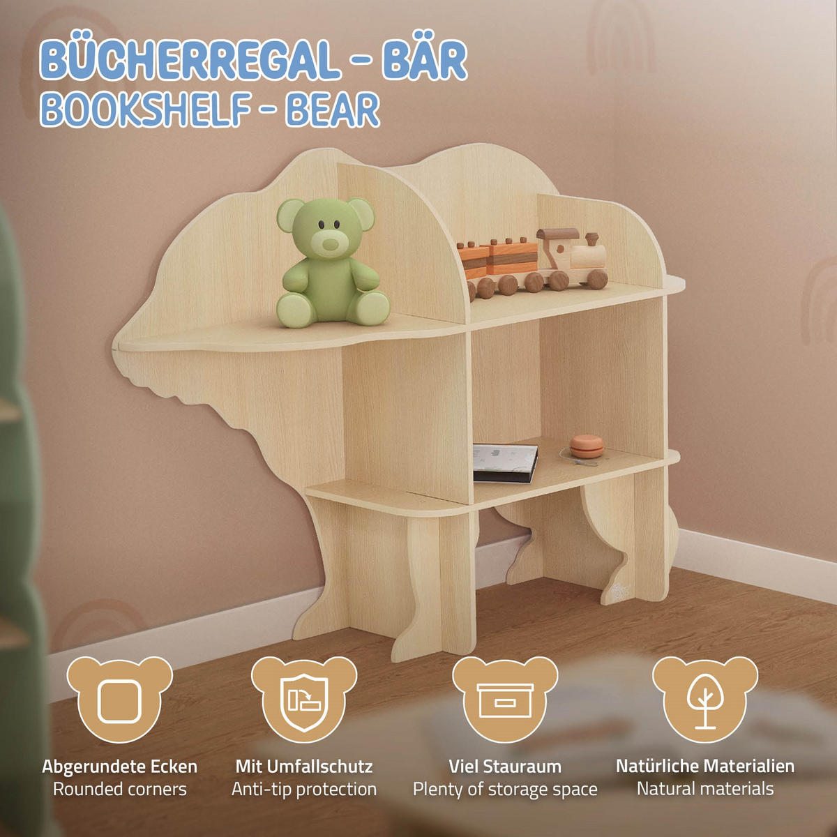 BÜCHERREGAL Bärenform - Naturfarben, Holz (110/83/32cm) - Joyz