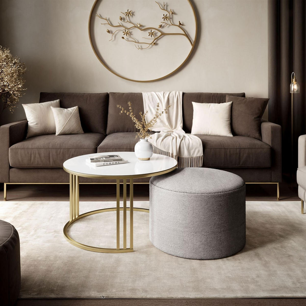 COUCHTISCH mit Hocker LORI GLASS gebürstetes Gold/weißes Glas/Perfect Harmony 82 - Weiß, Metall (70/70/49cm) - Lookway