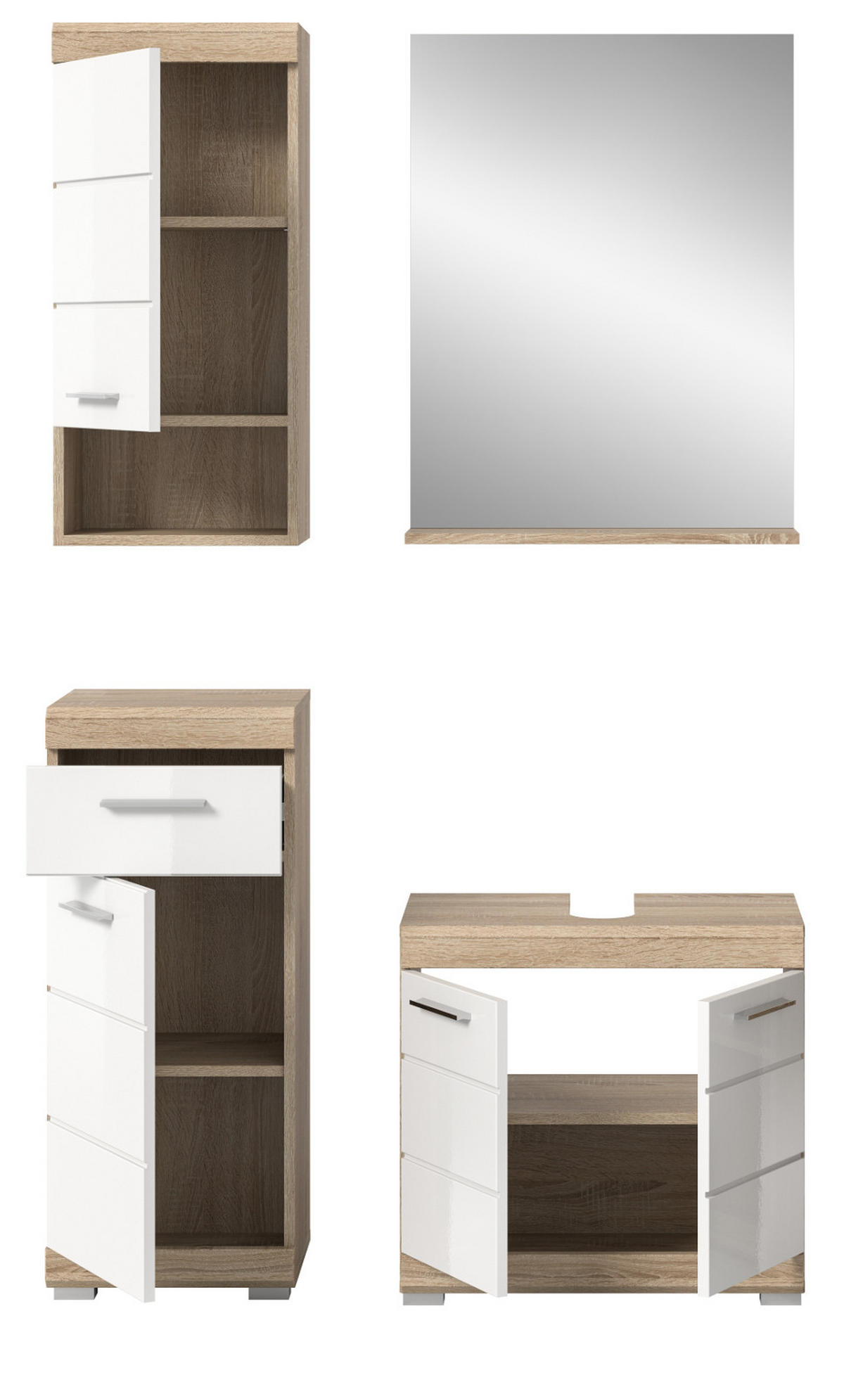 BADMÖBEL-SET weiß Hochglanz, Eiche 4-teilig 112 cm, Kombination mit viel Stauraum - Weiß Hochglanz/Eichefarben, Holzwerkstoff (112/191/34cm) - Inn.Furn