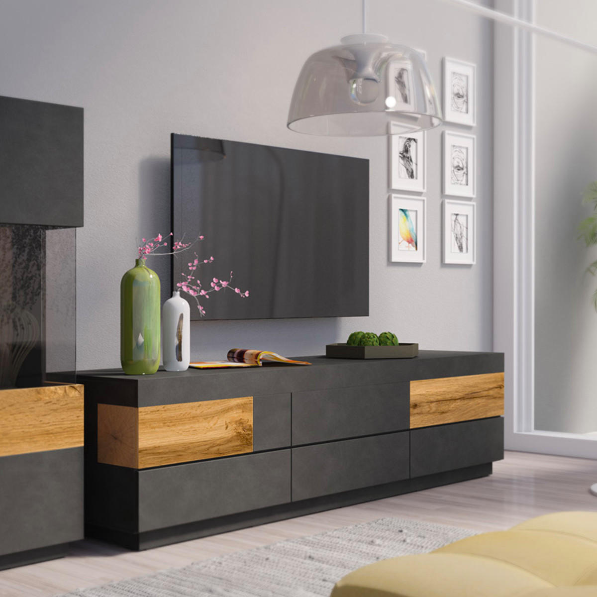 TV-MÖBEL Andrea Anthrazitgrau und Holz - Grau, Holzwerkstoff (206/54/50cm) - Petits-meubles