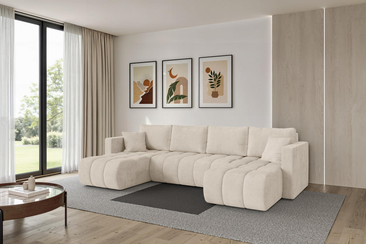 SEDACÍ SOUPRAVA DO U s funkcí spaní a úložným prostorem GARD-U 300x146x85 béžová manšestr - černá/béžová, kompozitní dřevo/textil (300/85/146cm) - ALTDECOR