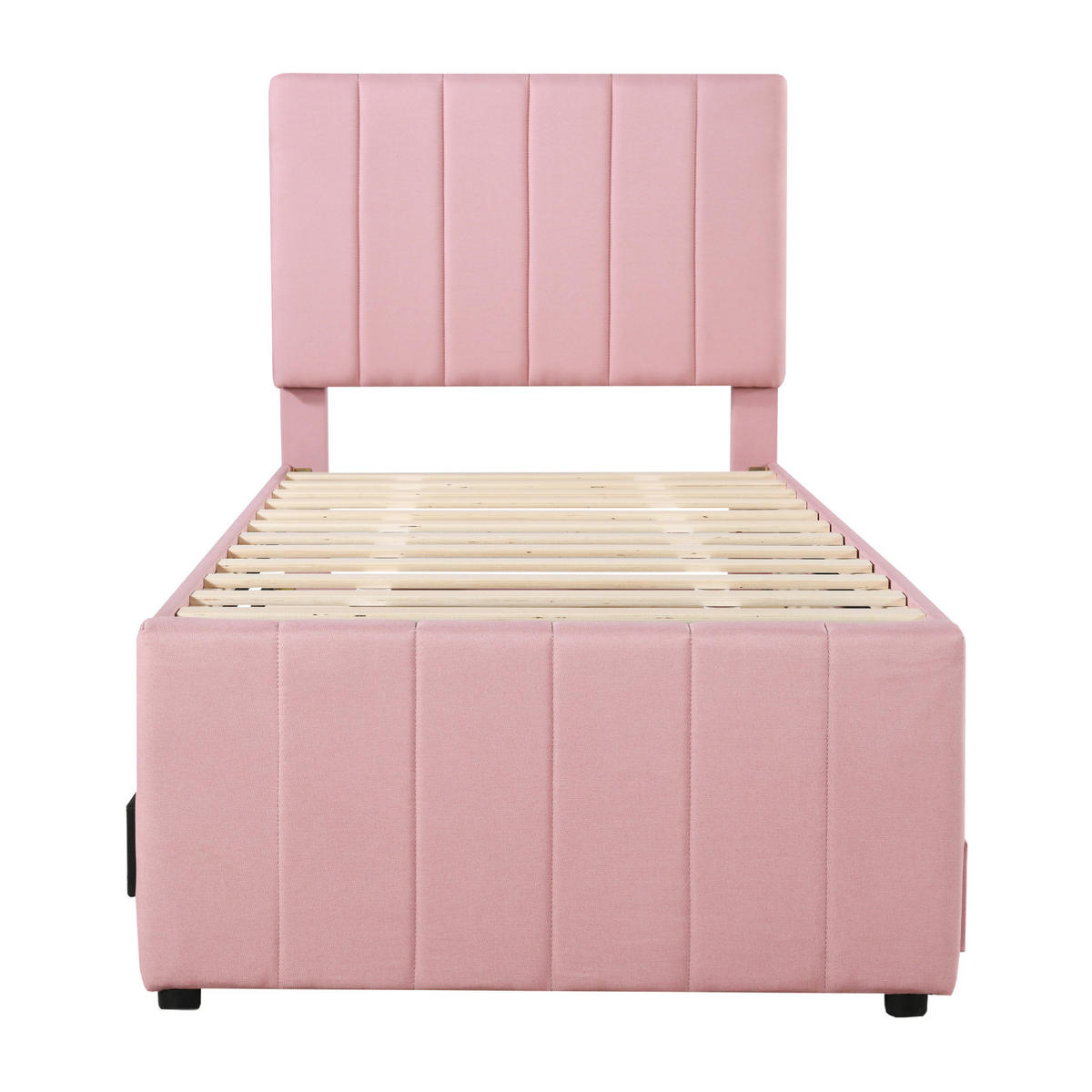 ČALOUNĚNÁ postel 90/200 cm růžová z MDF, lnu a kovu s výsuvným lůžkem a 3 zásuvkami - růžová, textil (90/200cm) - OKWISH
