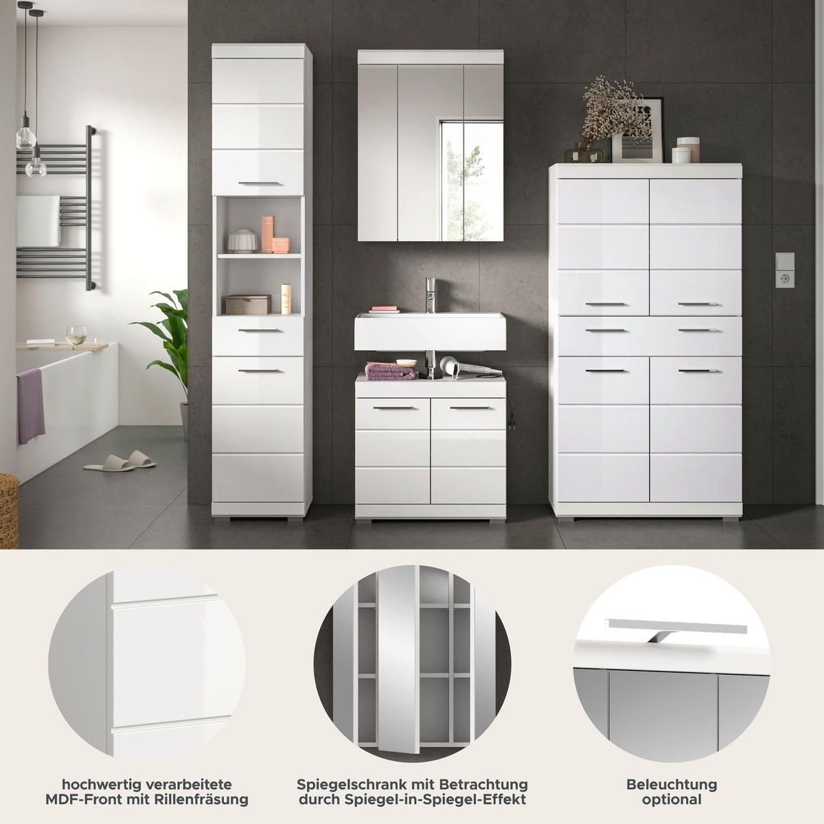 BADKOMBINATION 4tlg. Scout Bad in weiß Nachbildung und weiß hochglanz B/H/T: 186x191x34 cm - Weiß, Holz (186/191/34cm)