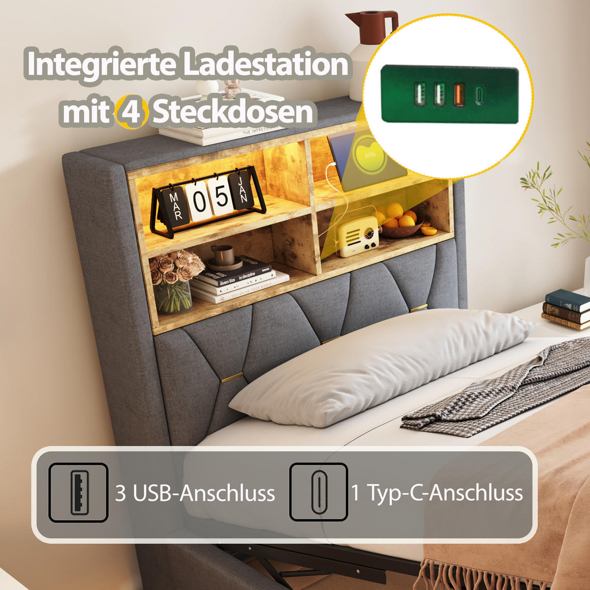 POLSTERBETT aus Leinen und Metall 90x200 cm in Grau mit LED, USB und Stauraum - Grau, Textil (90/200cm) - Modfu