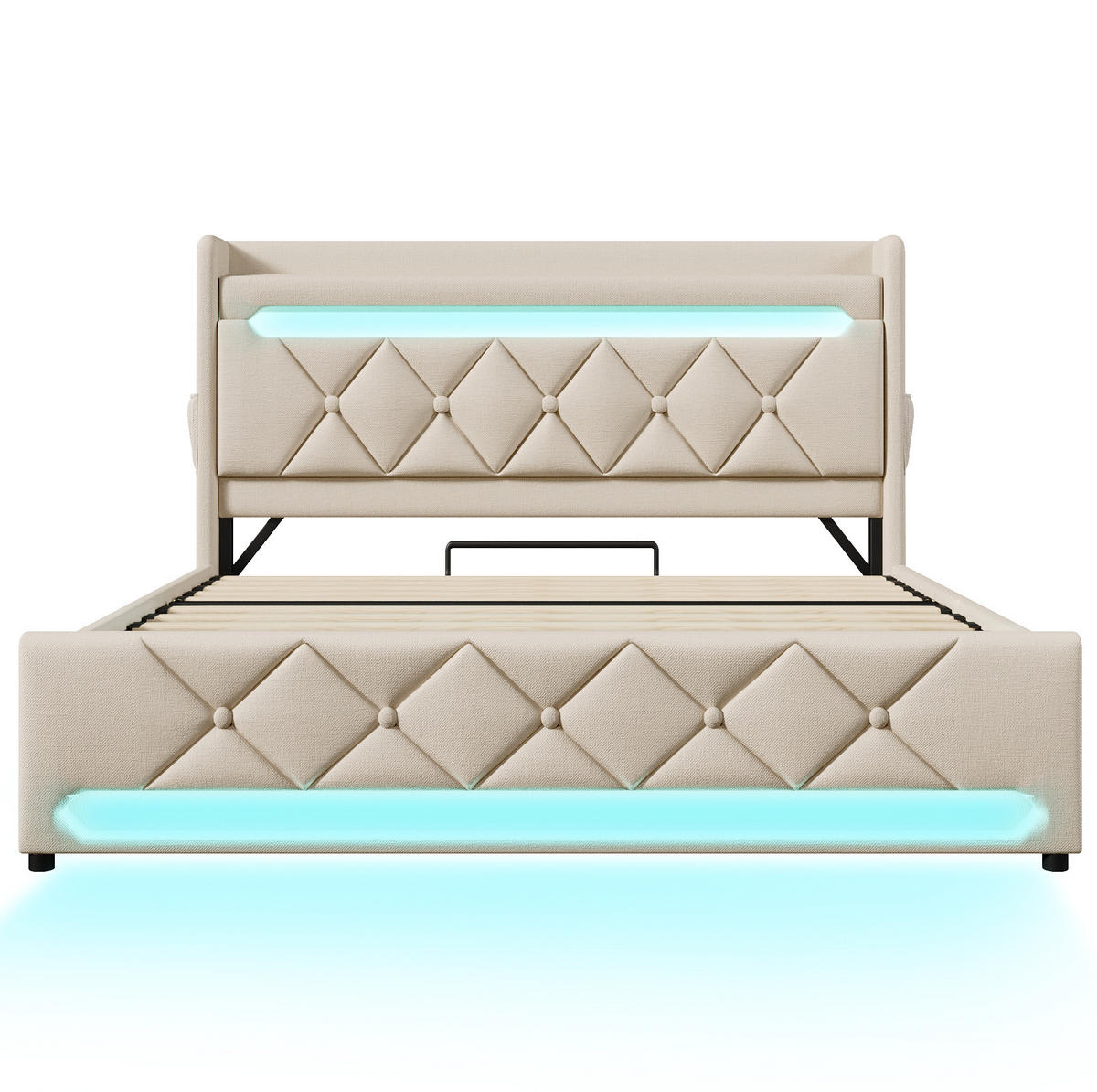 POLSTERBETT 140/200 cm mit LED, USB, Type-C und hydraulischem Stauraum,und Matratze, Leinen, Beige - Beige, Textil (140/200cm) - Redom