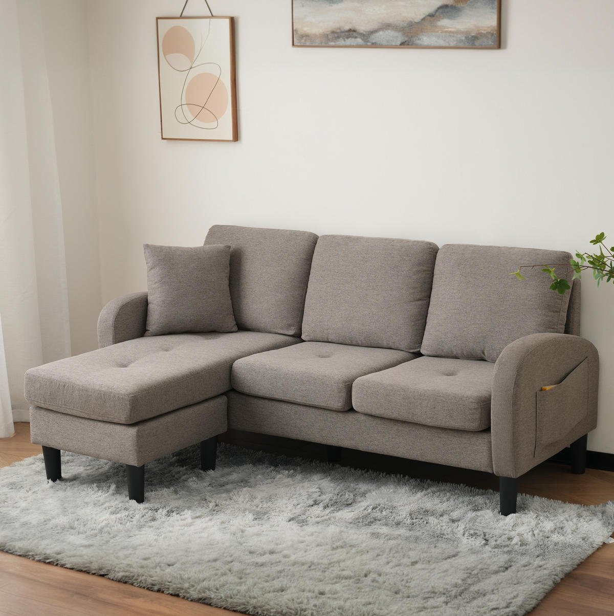 ECKSOFA mit Baumwoll-Leinen-Bezug Antik-Dunkelgrau 166x118x77 cm, Chaiselongue beidseitig stellbar - Dunkelgrau, Kunststoff (118/166cm) - IVMEU