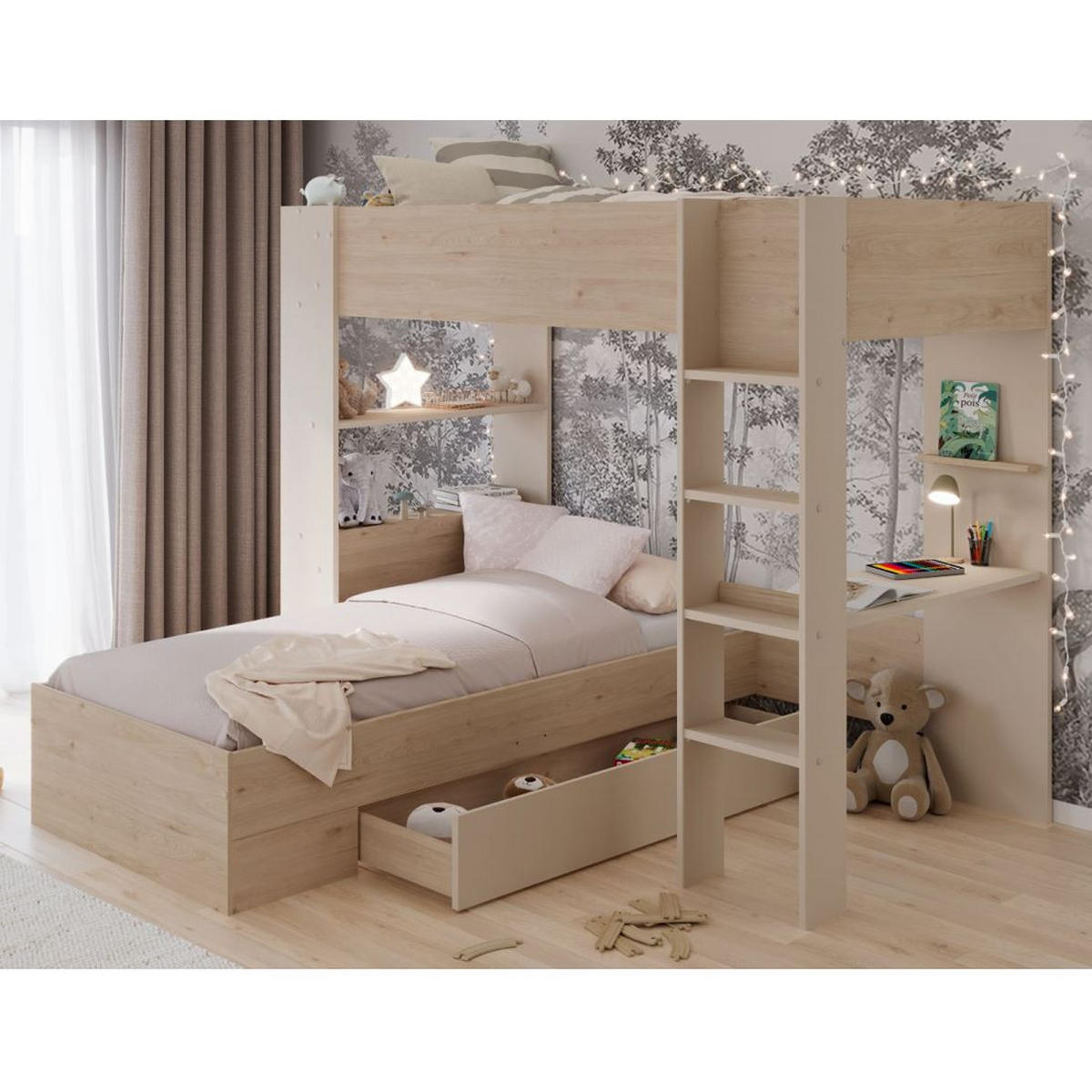 ETAGENBETT Parisot Oasis 1 mit Bettschublade 90x200 Holzdekor Eiche - Eichefarben, Kunststoff (90/200cm) - 58aufmkessel