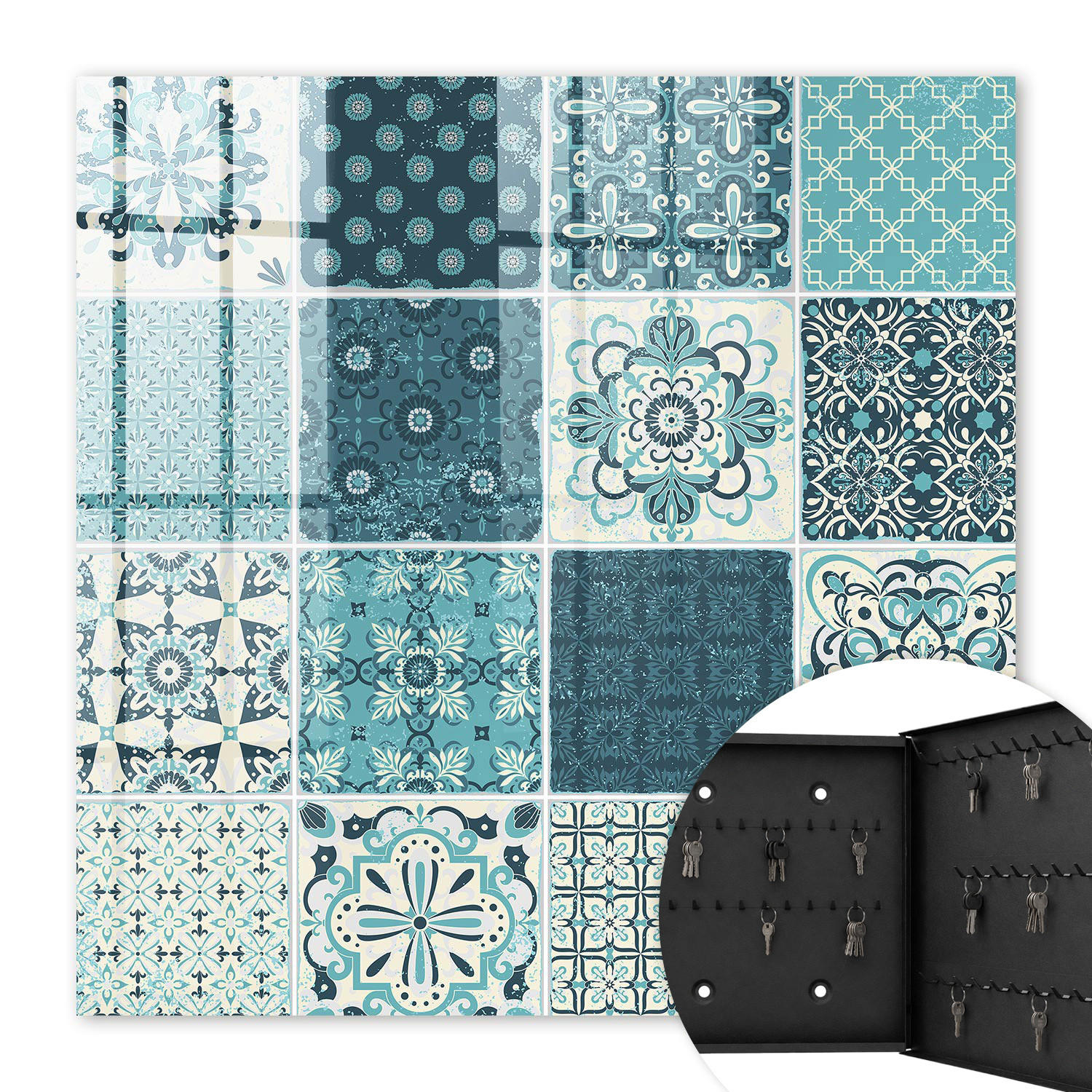 SCHLÜSSELBOX Schwarz 30x30 cm- Türöffnung nach rechts - Retro-Mosaik - Türkis, Metall (30/30/5cm) - TULUP