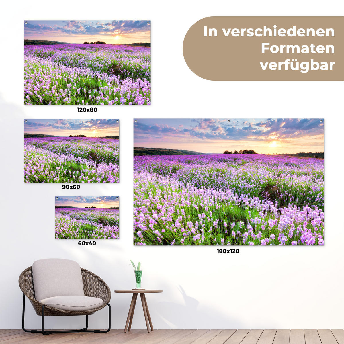 ZAHRADNÍ PLAKÁT Květiny - Levandule - Fialová - Obloha - Západ slunce - Louka - Příroda 90x60 cm - šeříková, plast (90/60/0.2cm) - OnlyWow